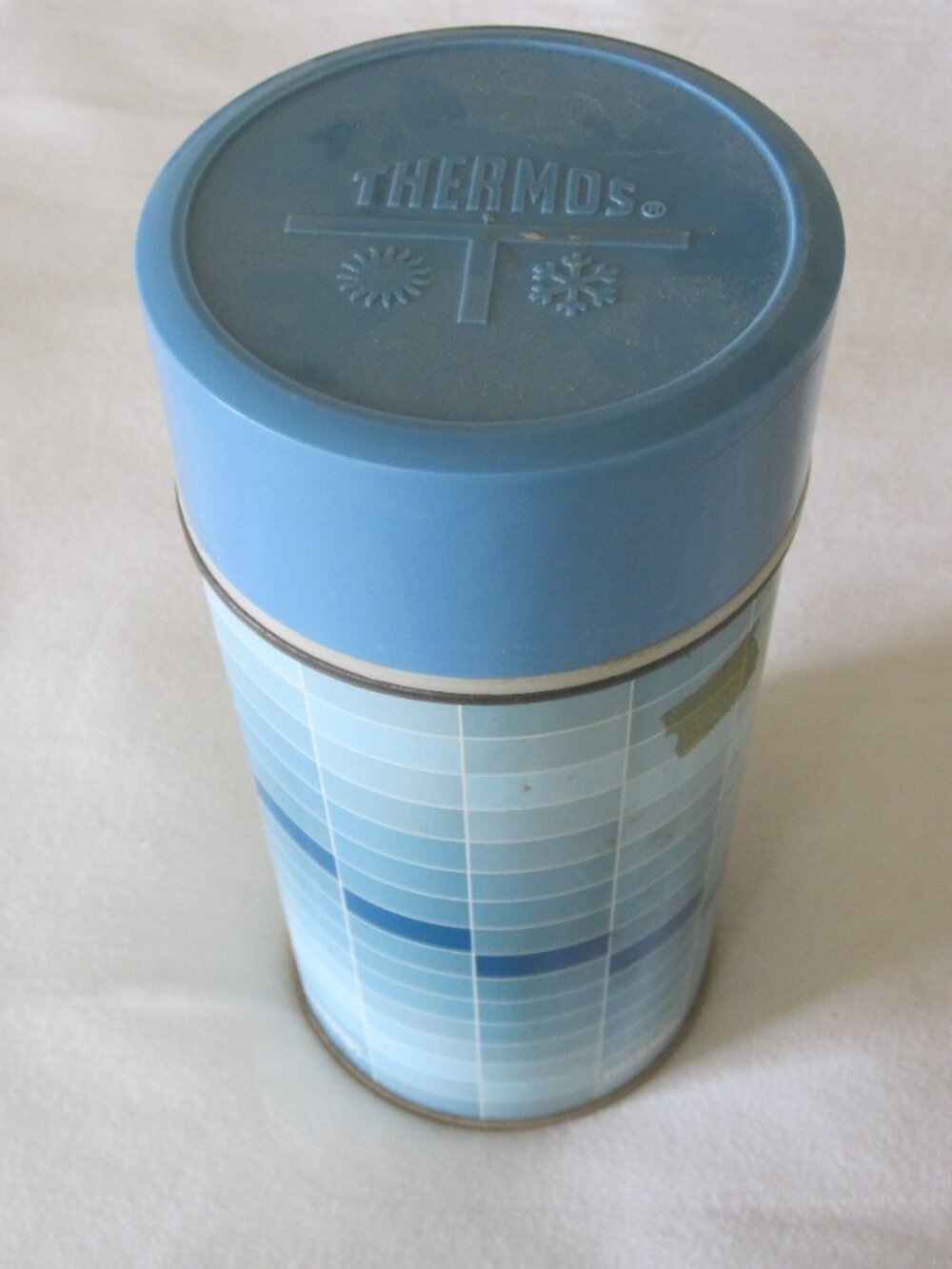 1970's Thermos Blue Rectangles Vacuum Sealed Bottle